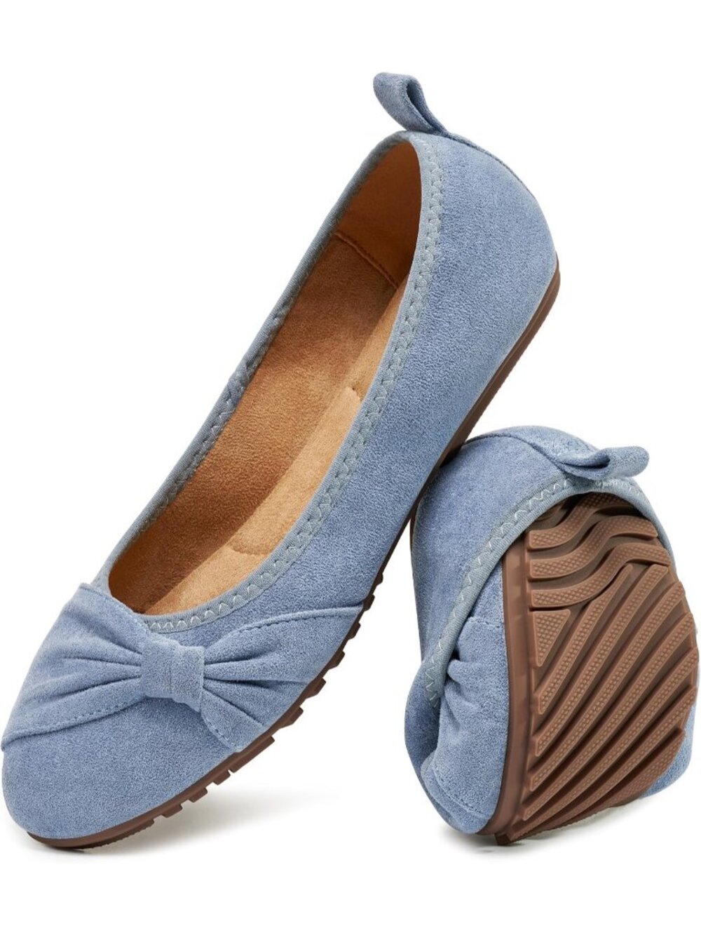 Women's Blue Suede Comfortable Ballet Flats Cushioned Foldable Slip On Shoes - Picture 1 of 6